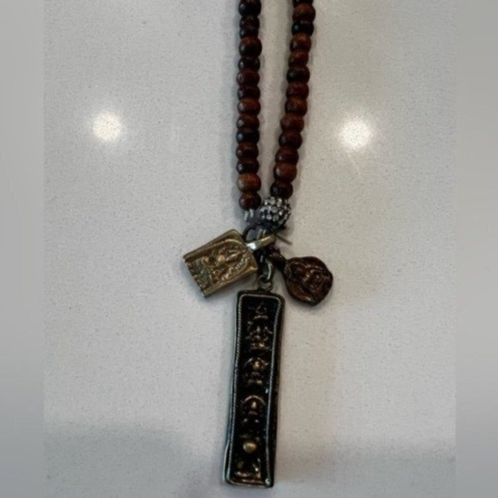 Wood Beaded Necklaces for Women with Gold Pendant - Gold Necklace for Women - Picture 5 of 7